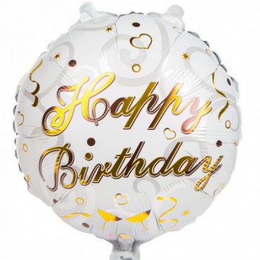 Balon Foliowy Happy Birthday Biały Złote Napisy
