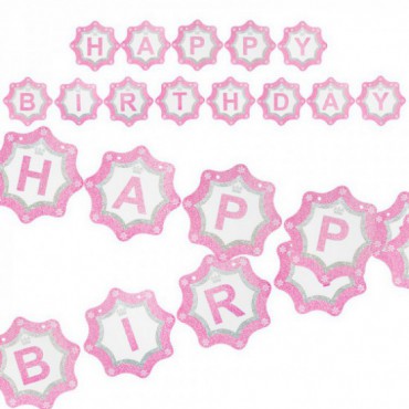 Baner Happy Birthday Śnieżynki Róż/Srebro