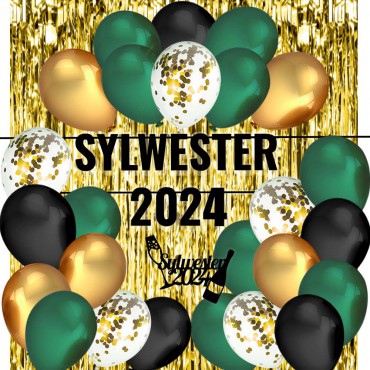 Zestaw Balony Sylwester 2024 Czarny/Zielony Kurtyna Złota