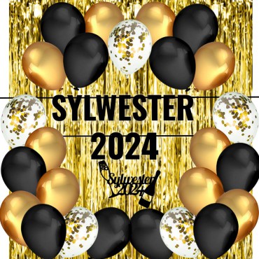 Zestaw Balony Sylwester 2024 Czarno Złoty Kurtyna
