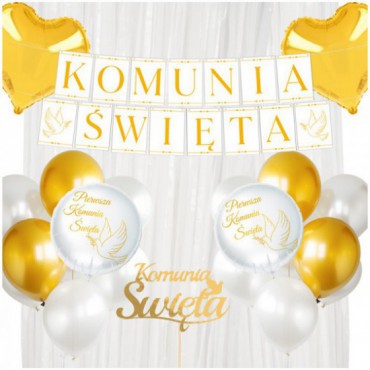 Dekoracje Na Komunię Biel-Złoto Baner Balony Ze Stojakami