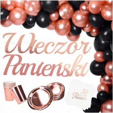 Zestaw Wieczór Panieński Czerń/Rosegold Baner Talerzyki Kubeczki Serwetki