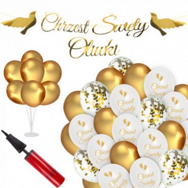 Zestaw Chrzest Święty Balony Baner Personalizacja Złoto/Biel