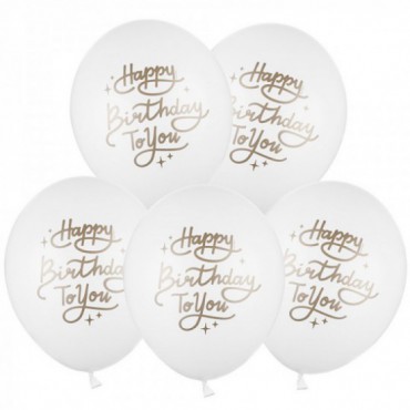 Balony Białe Happy Birthday Złoty Nadruk 5szt